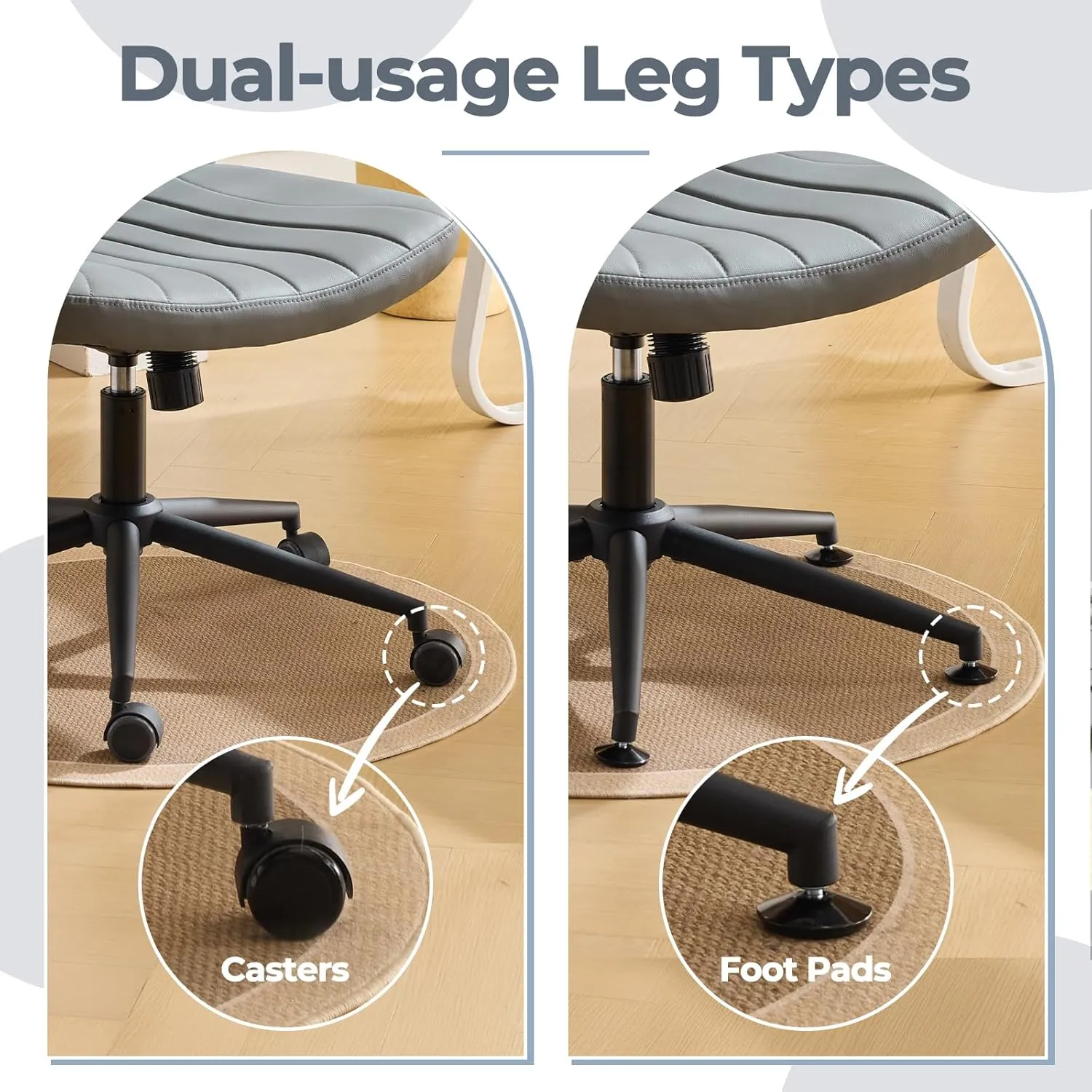 Karl home Criss Cross Chair Armless Desk Chair with Wheels Cross Legged Office Swivel Chair Wide Adjustable Comfy Padded Vanity Chair with Dual Purpose Base, PU Gray