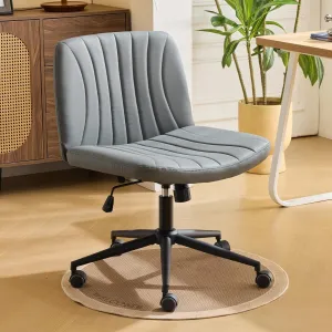 Karl home Criss Cross Chair Armless Desk Chair with Wheels Cross Legged Office Swivel Chair Wide Adjustable Comfy Padded Vanity Chair with Dual Purpose Base, PU Gray