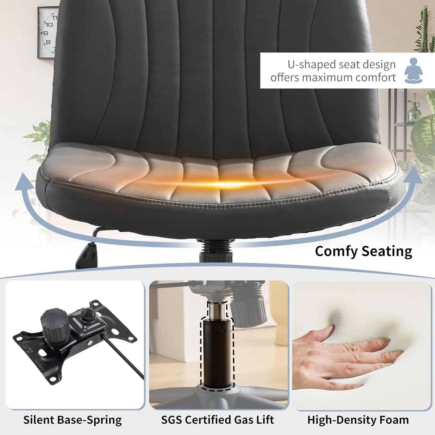 Karl home Criss Cross Chair Armless Desk Chair with Wheels Cross Legged Office Swivel Chair Wide Adjustable Comfy Padded Vanity Chair with Dual Purpose Base, PU Gray
