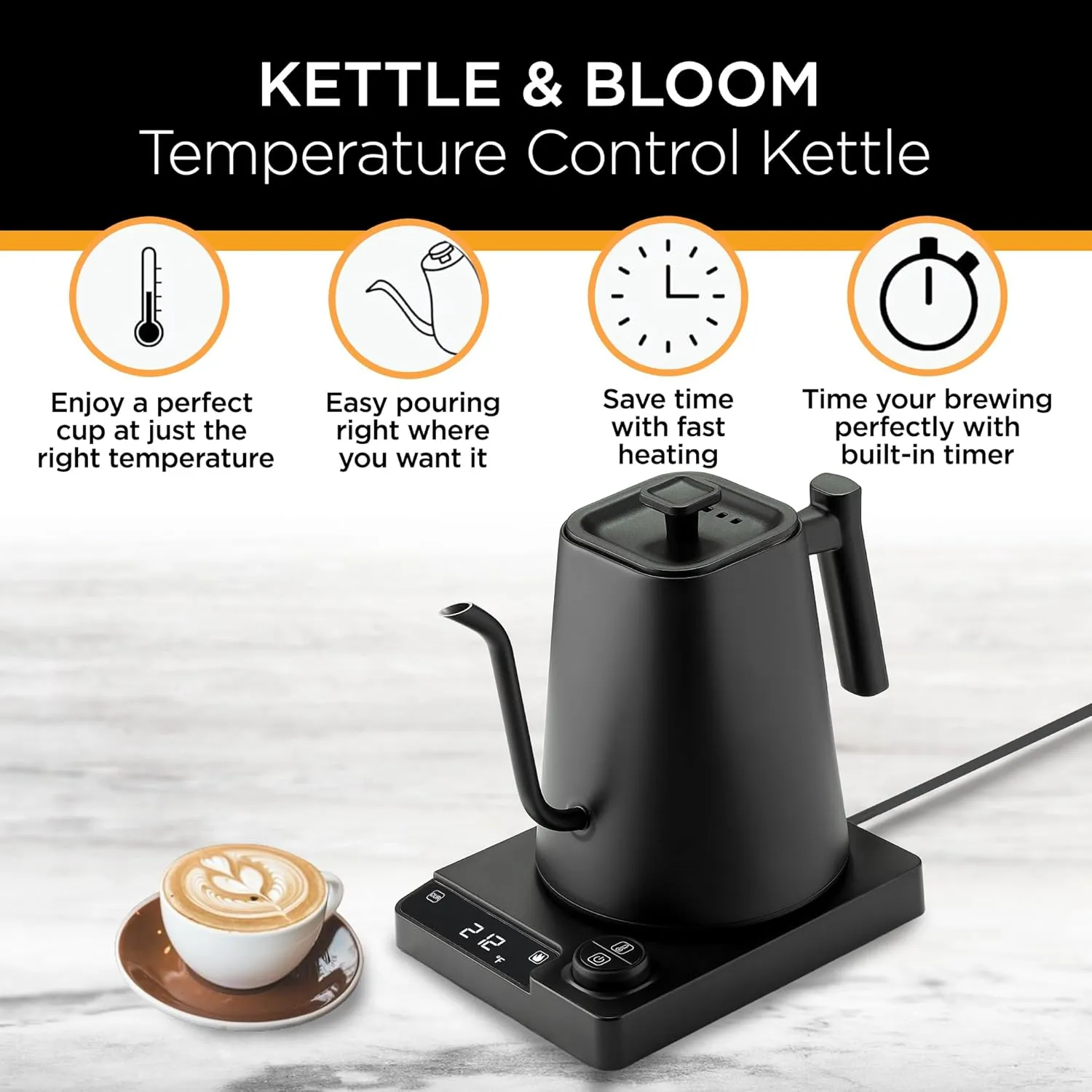 KETTLE & BLOOM Electric Gooseneck Kettle - 1 Liter, Black - Temperature Control Coffee & Tea Kettle - Perfect Pour Over, Gooseneck Spout for Precise Brewing