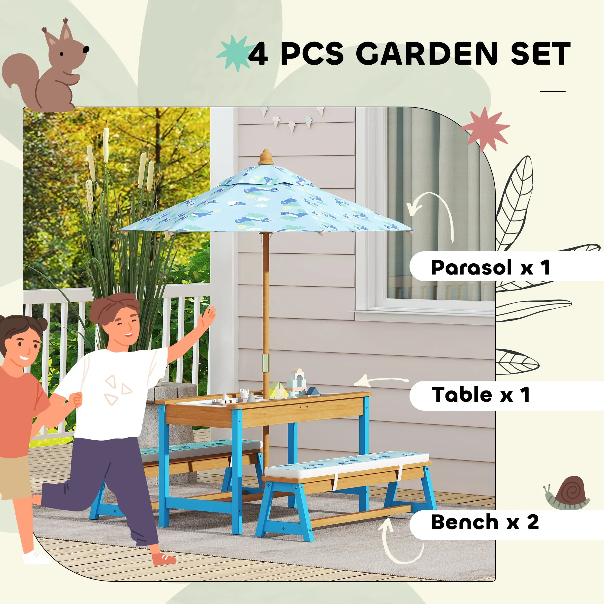 Kids Picnic Table and Bench Set with Removable Umbrella, Cushions & Boxes, Dinosaur Theme for Outdoor, Blue