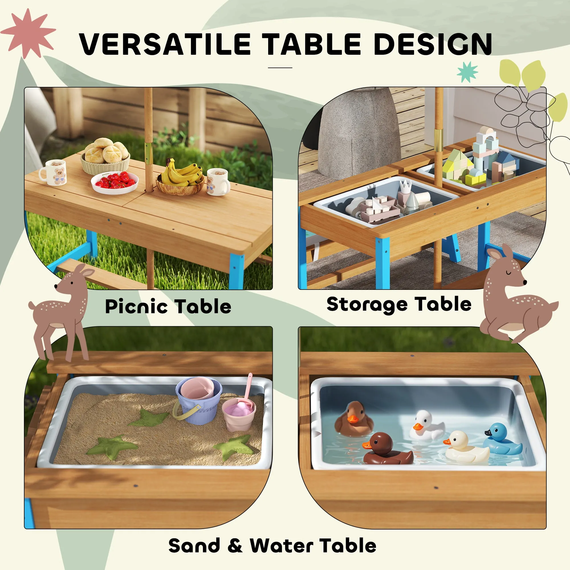 Kids Picnic Table and Bench Set with Removable Umbrella, Cushions & Boxes, Dinosaur Theme for Outdoor, Blue