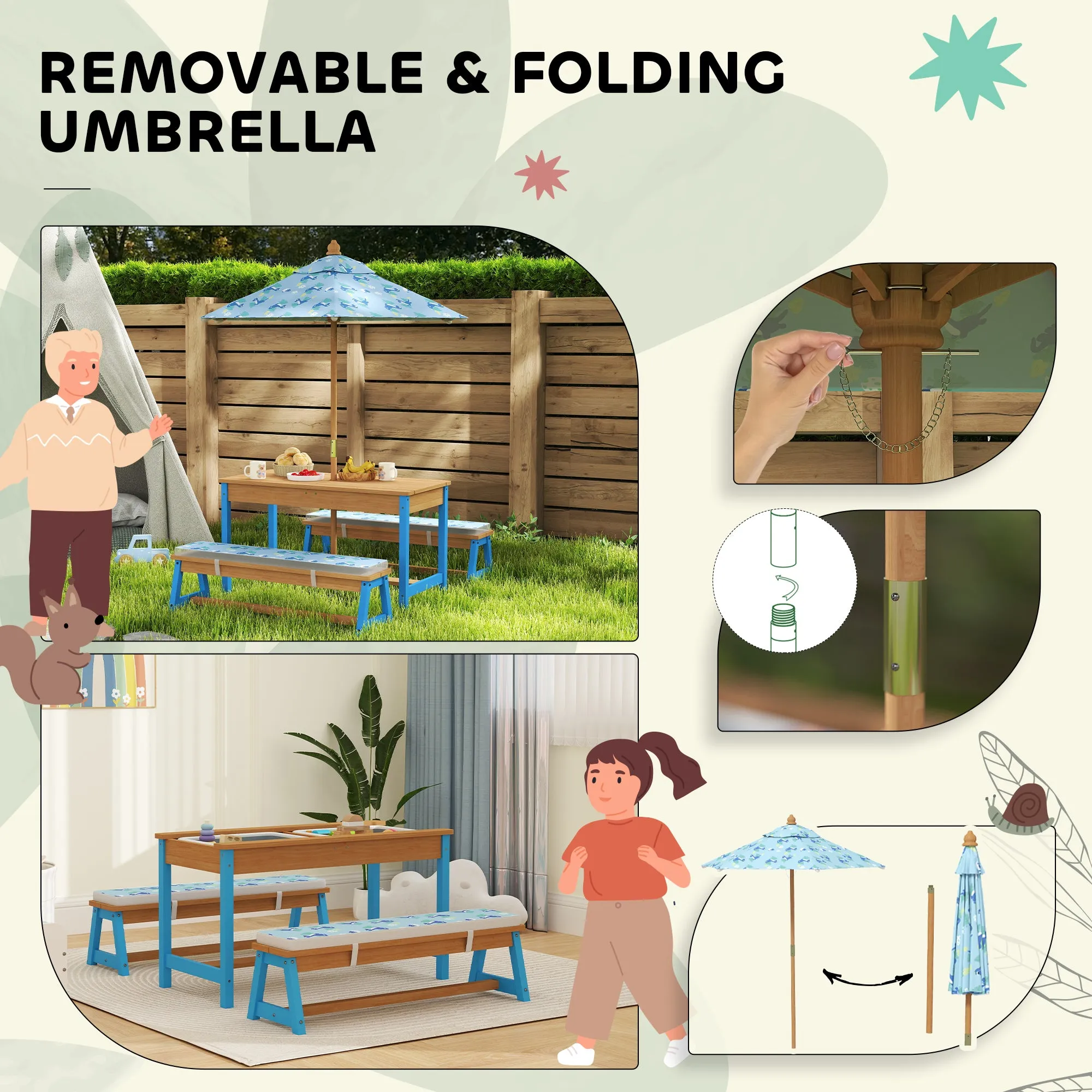 Kids Picnic Table and Bench Set with Removable Umbrella, Cushions & Boxes, Dinosaur Theme for Outdoor, Blue