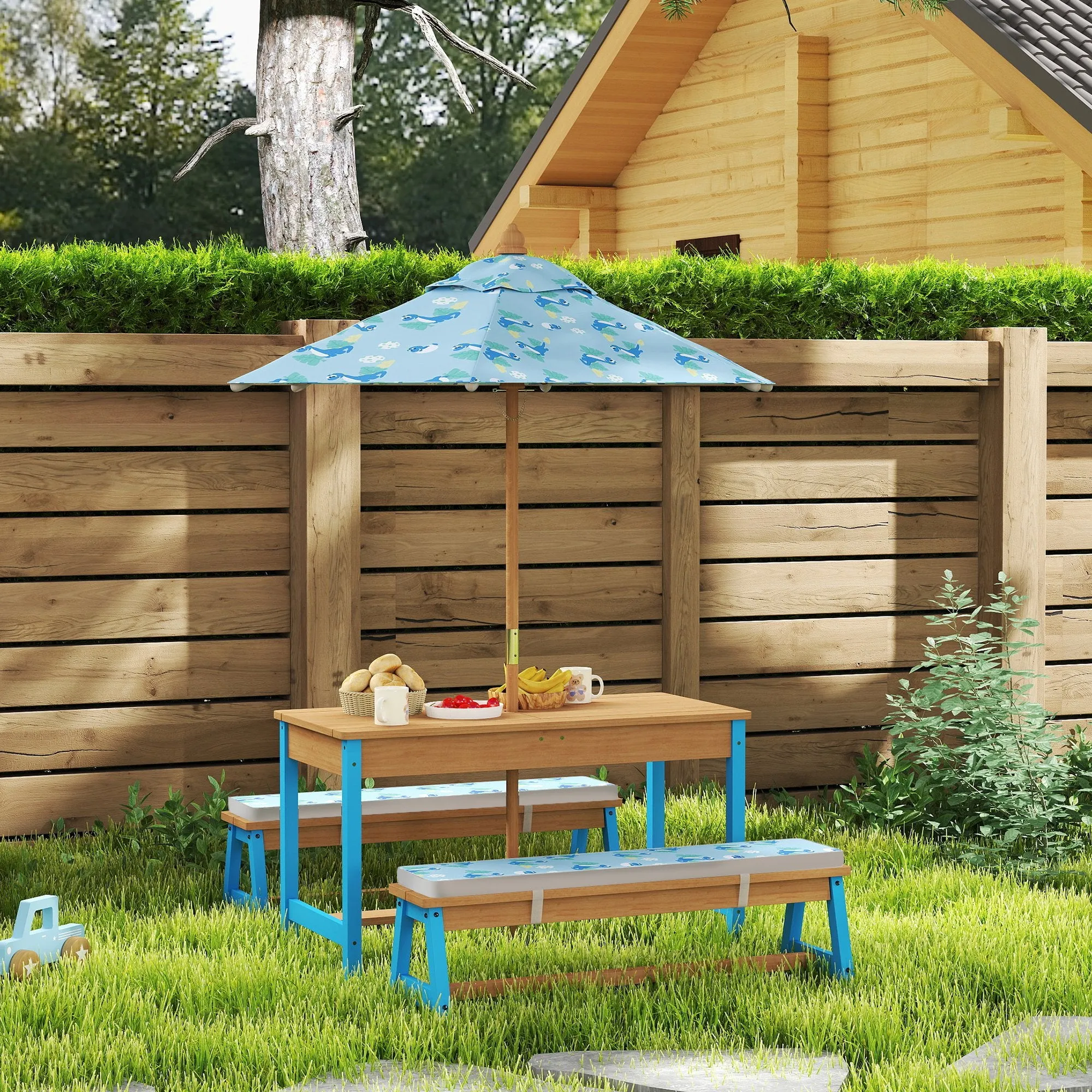Kids Picnic Table and Bench Set with Removable Umbrella, Cushions & Boxes, Dinosaur Theme for Outdoor, Blue
