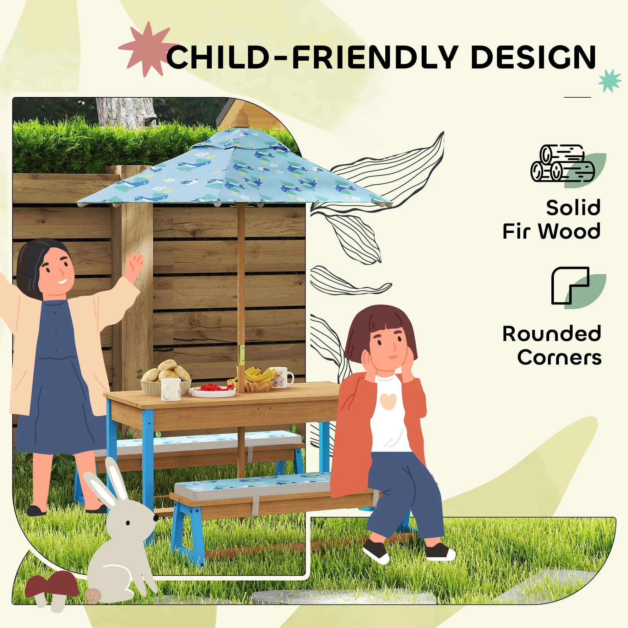 Kids Picnic Table and Bench Set with Removable Umbrella, Cushions & Boxes, Dinosaur Theme for Outdoor, Blue