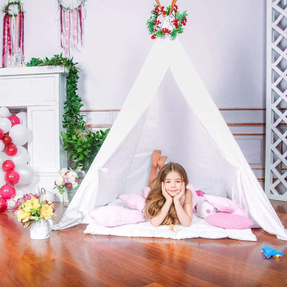 Kids Teepee Tent with Bottom Cloth, Paper Feathers & Flags, Gift for Boys & Girls, Toys for Toddler, Playhouse for Indoor Decor Party Games