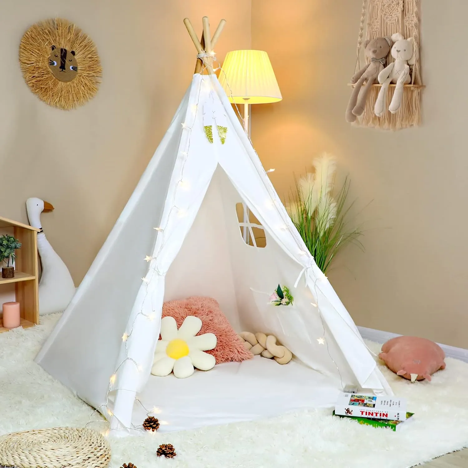 Kids Teepee Tent with Bottom Cloth, Paper Feathers & Flags, Gift for Boys & Girls, Toys for Toddler, Playhouse for Indoor Decor Party Games
