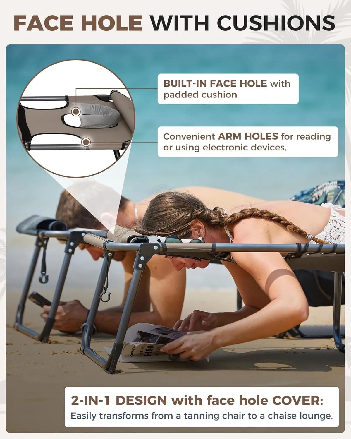 KingCamp Tanning Chair with Face Hole, Lounge Chairs Outdoor Folding Portable Comfy Adjustable 5-Position Lay Flat Foldable Chaise Chaser Lounger for Outside Beach Patio Sun Bathing Pool, Beige