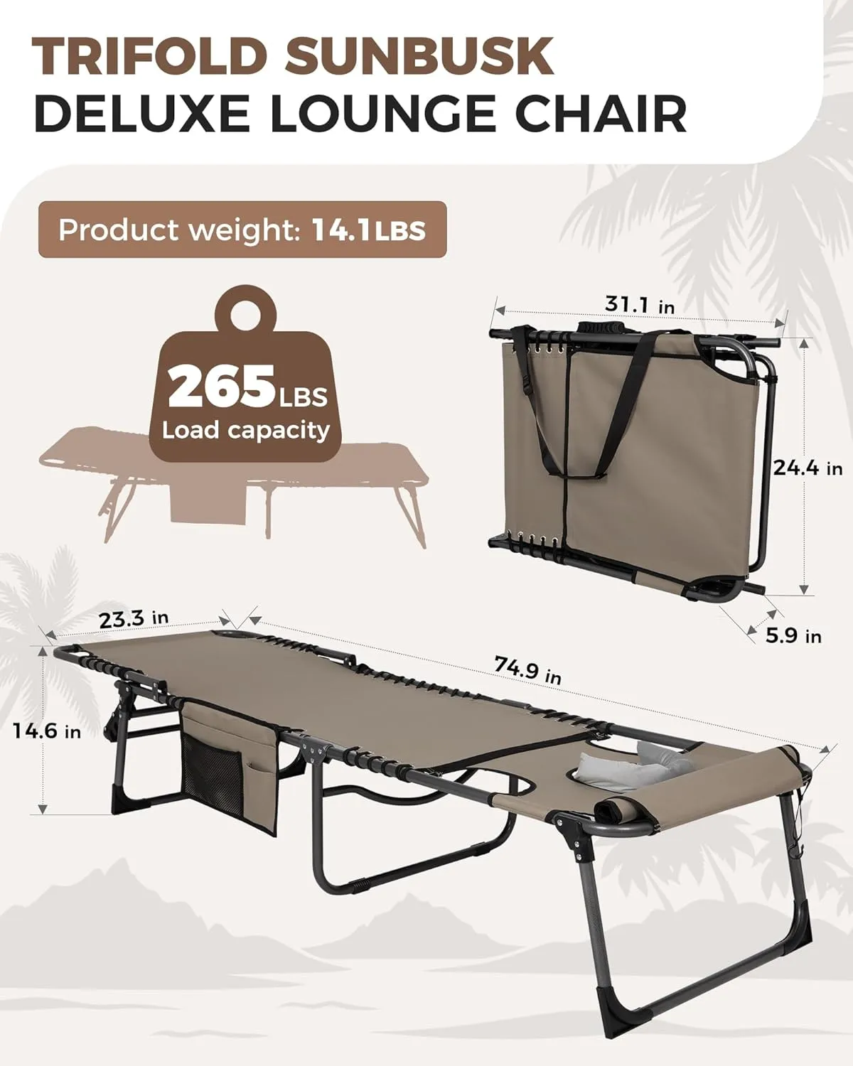 KingCamp Tanning Chair with Face Hole, Lounge Chairs Outdoor Folding Portable Comfy Adjustable 5-Position Lay Flat Foldable Chaise Chaser Lounger for Outside Beach Patio Sun Bathing Pool, Beige