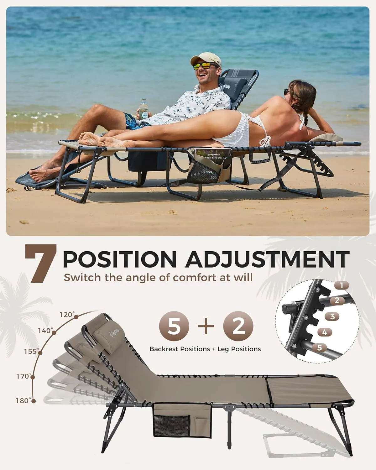 KingCamp Tanning Chair with Face Hole, Lounge Chairs Outdoor Folding Portable Comfy Adjustable 5-Position Lay Flat Foldable Chaise Chaser Lounger for Outside Beach Patio Sun Bathing Pool, Beige