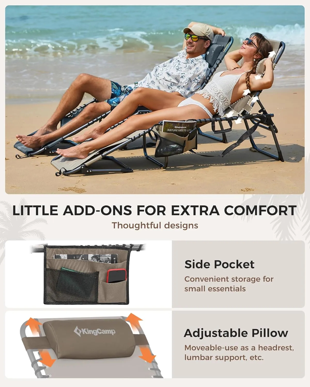 KingCamp Tanning Chair with Face Hole, Lounge Chairs Outdoor Folding Portable Comfy Adjustable 5-Position Lay Flat Foldable Chaise Chaser Lounger for Outside Beach Patio Sun Bathing Pool, Beige