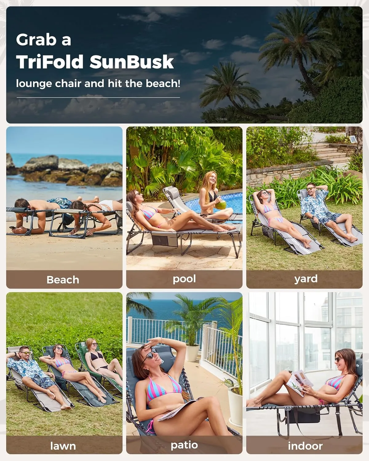 KingCamp Tanning Chair with Face Hole, Lounge Chairs Outdoor Folding Portable Comfy Adjustable 5-Position Lay Flat Foldable Chaise Chaser Lounger for Outside Beach Patio Sun Bathing Pool, Beige