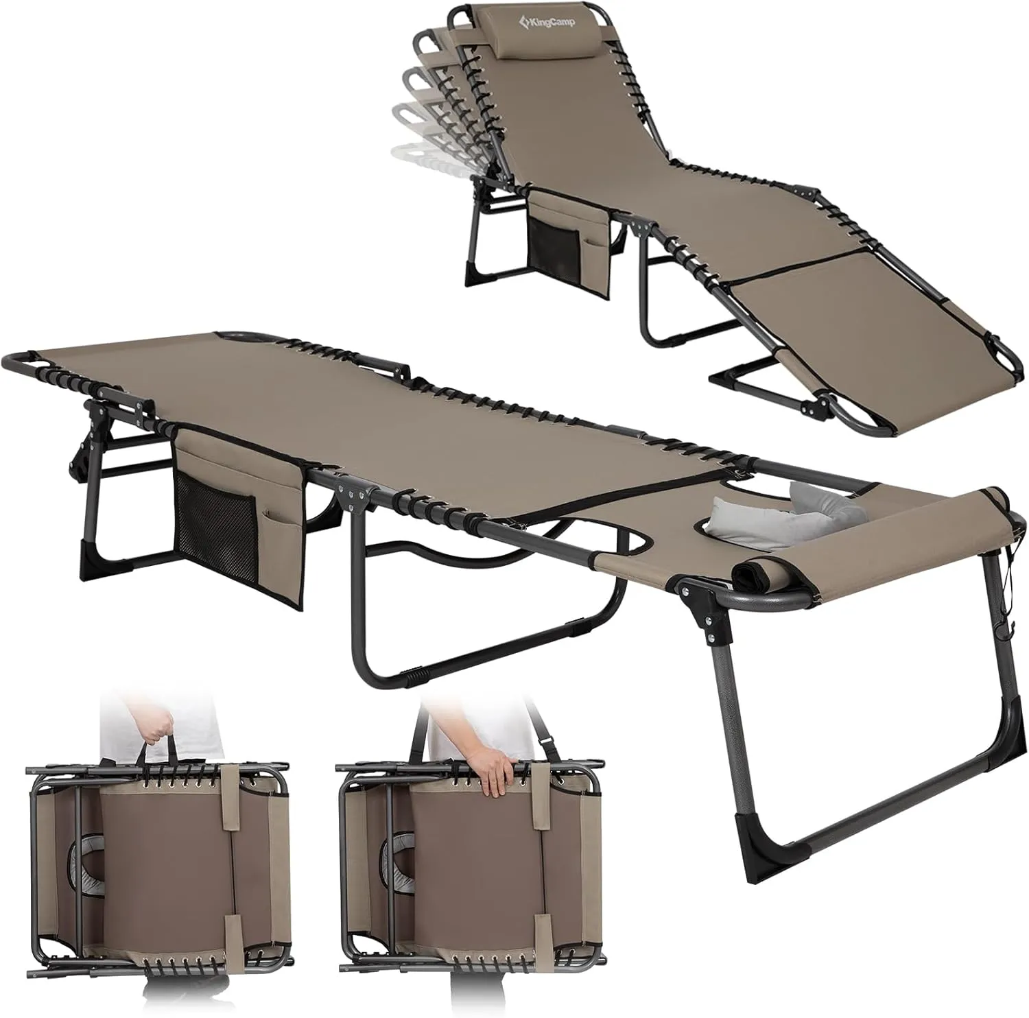 KingCamp Tanning Chair with Face Hole, Lounge Chairs Outdoor Folding Portable Comfy Adjustable 5-Position Lay Flat Foldable Chaise Chaser Lounger for Outside Beach Patio Sun Bathing Pool, Beige