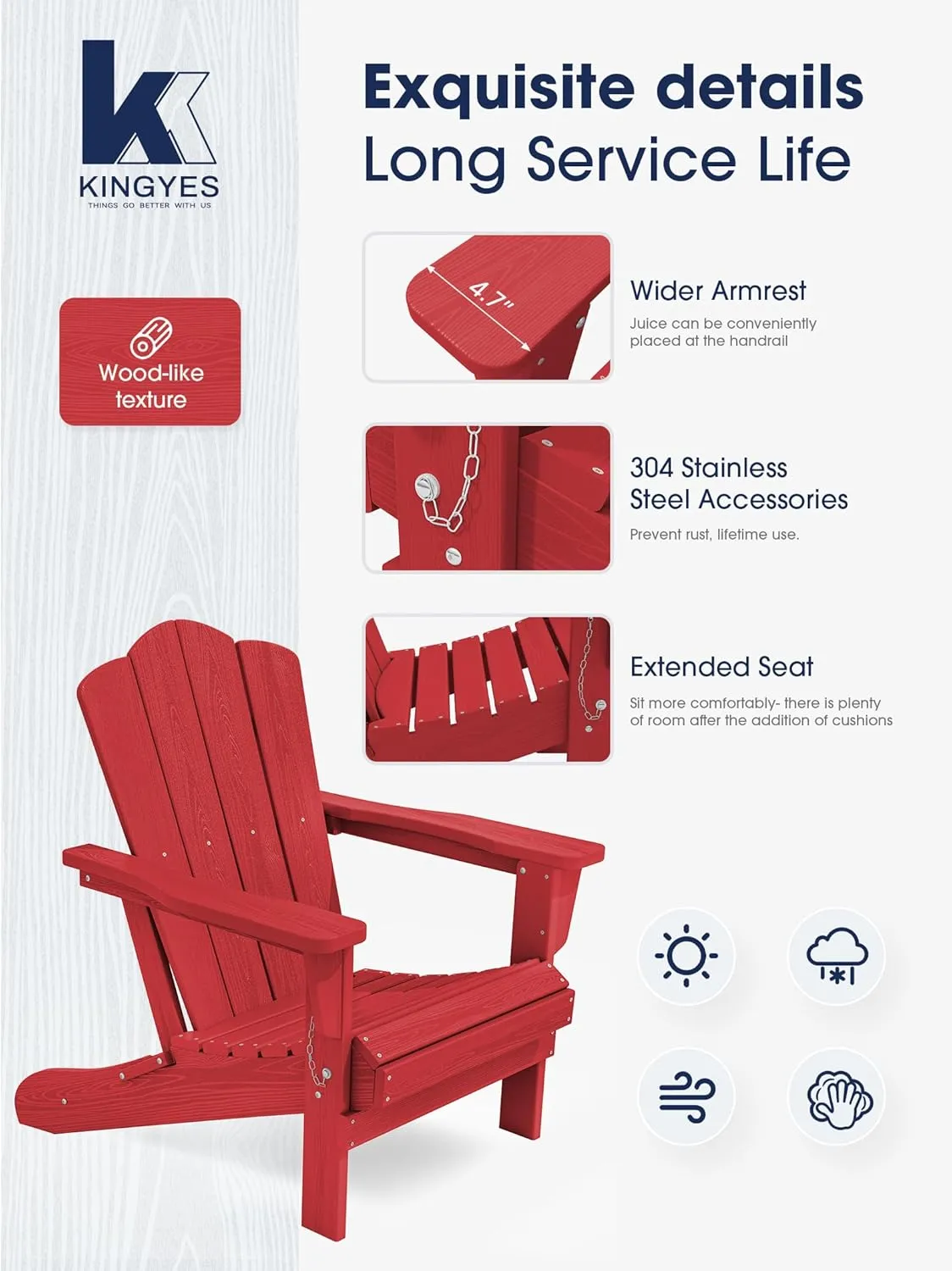KINGYES Folding Adirondack Chair Set of 2, HDPE All-Weather Folding Adirondack Chair, Light Red