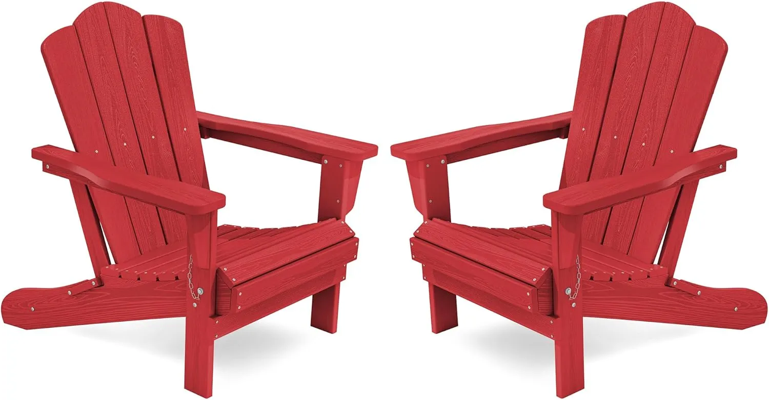 KINGYES Folding Adirondack Chair Set of 2, HDPE All-Weather Folding Adirondack Chair, Light Red