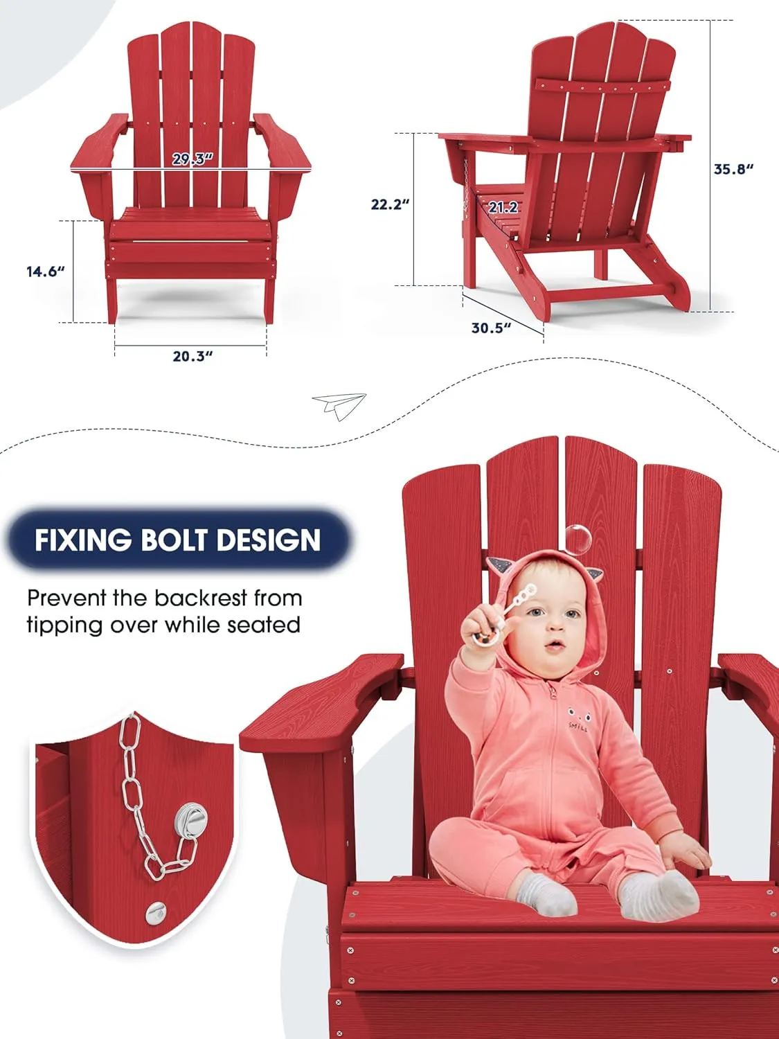 KINGYES Folding Adirondack Chair Set of 2, HDPE All-Weather Folding Adirondack Chair, Light Red