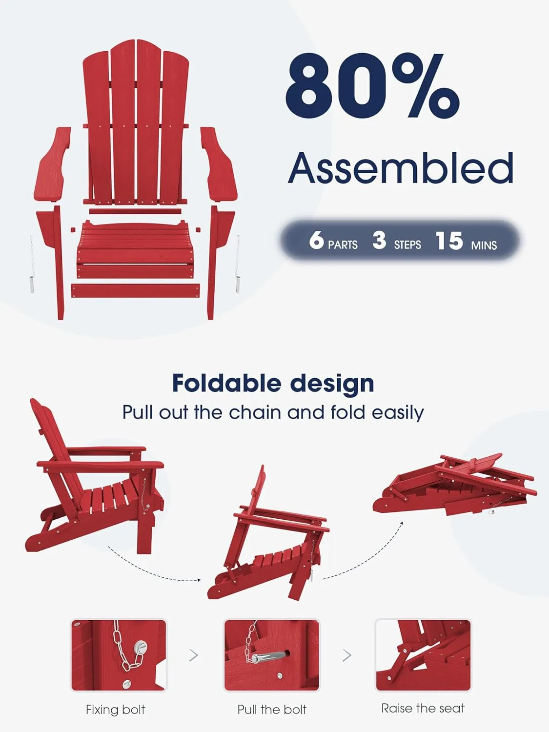 KINGYES Folding Adirondack Chair Set of 2, HDPE All-Weather Folding Adirondack Chair, Light Red