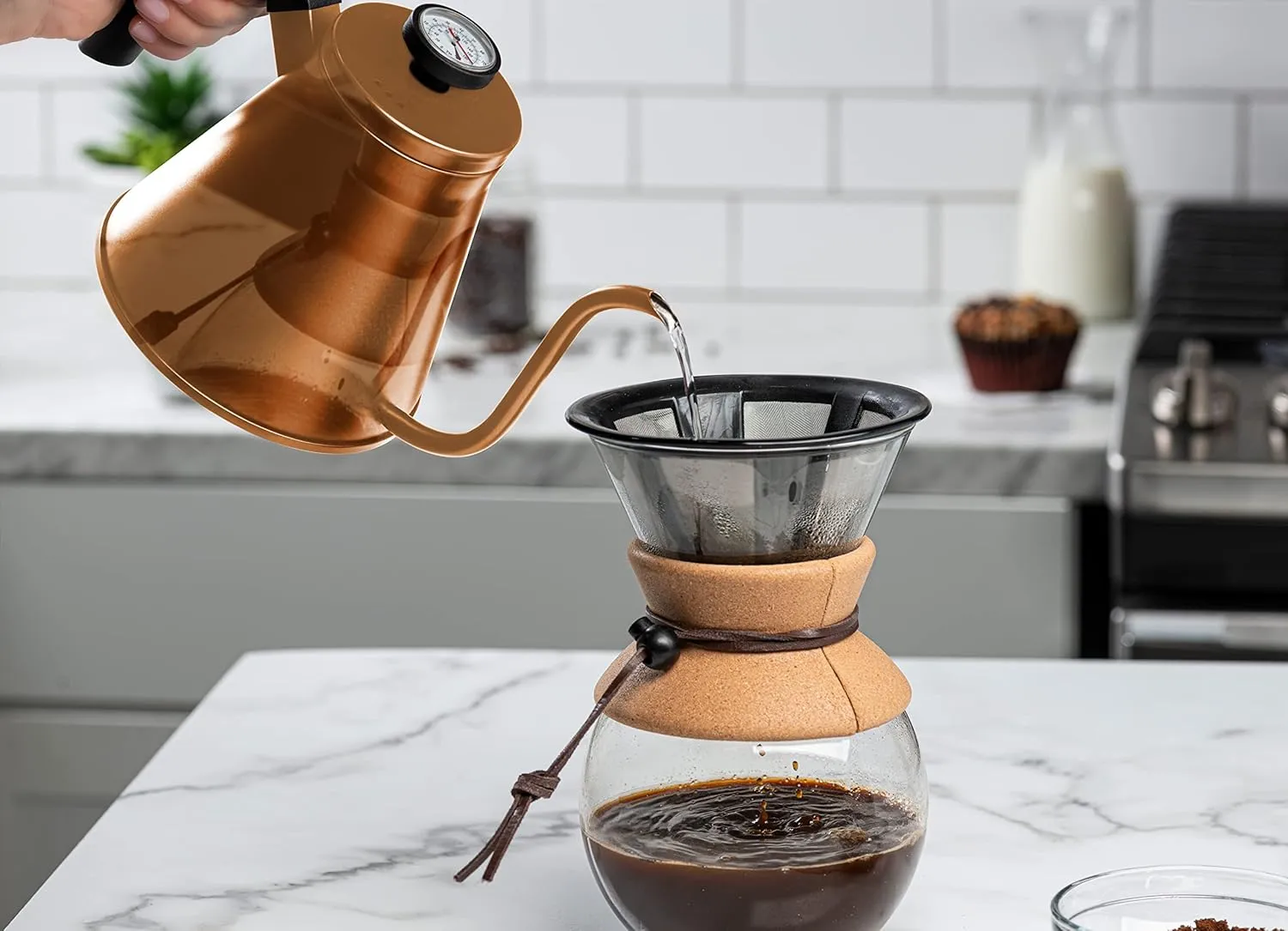 Kook Gooseneck Kettle, Kettle Stovetop, with Thermometer, Tea Pot, for Pour Over Coffee & Tea, Temperature Gauge, Electric, Compatible for Gas Stovetop, 3 Ply Stainless Steel Base, 27 oz, (Copper)