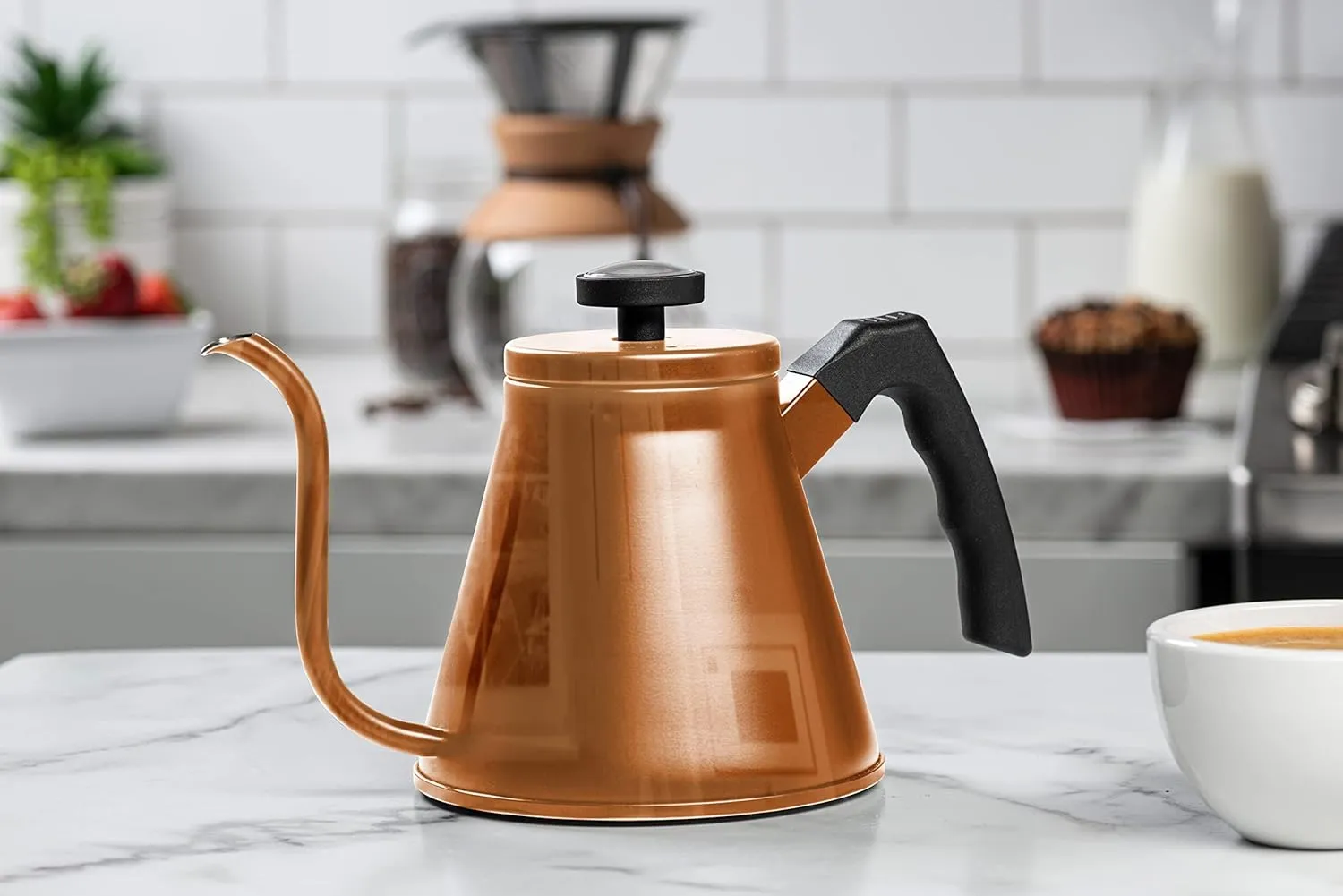 Kook Gooseneck Kettle, Kettle Stovetop, with Thermometer, Tea Pot, for Pour Over Coffee & Tea, Temperature Gauge, Electric, Compatible for Gas Stovetop, 3 Ply Stainless Steel Base, 27 oz, (Copper)