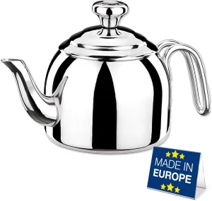 Korkmaz Droppa Stainless Steel Tea Infuser Pot for Stovetop, Small Office Teapot with Heat Resistant Stainless Steel Handle, 30-37-44 fl oz (Small)