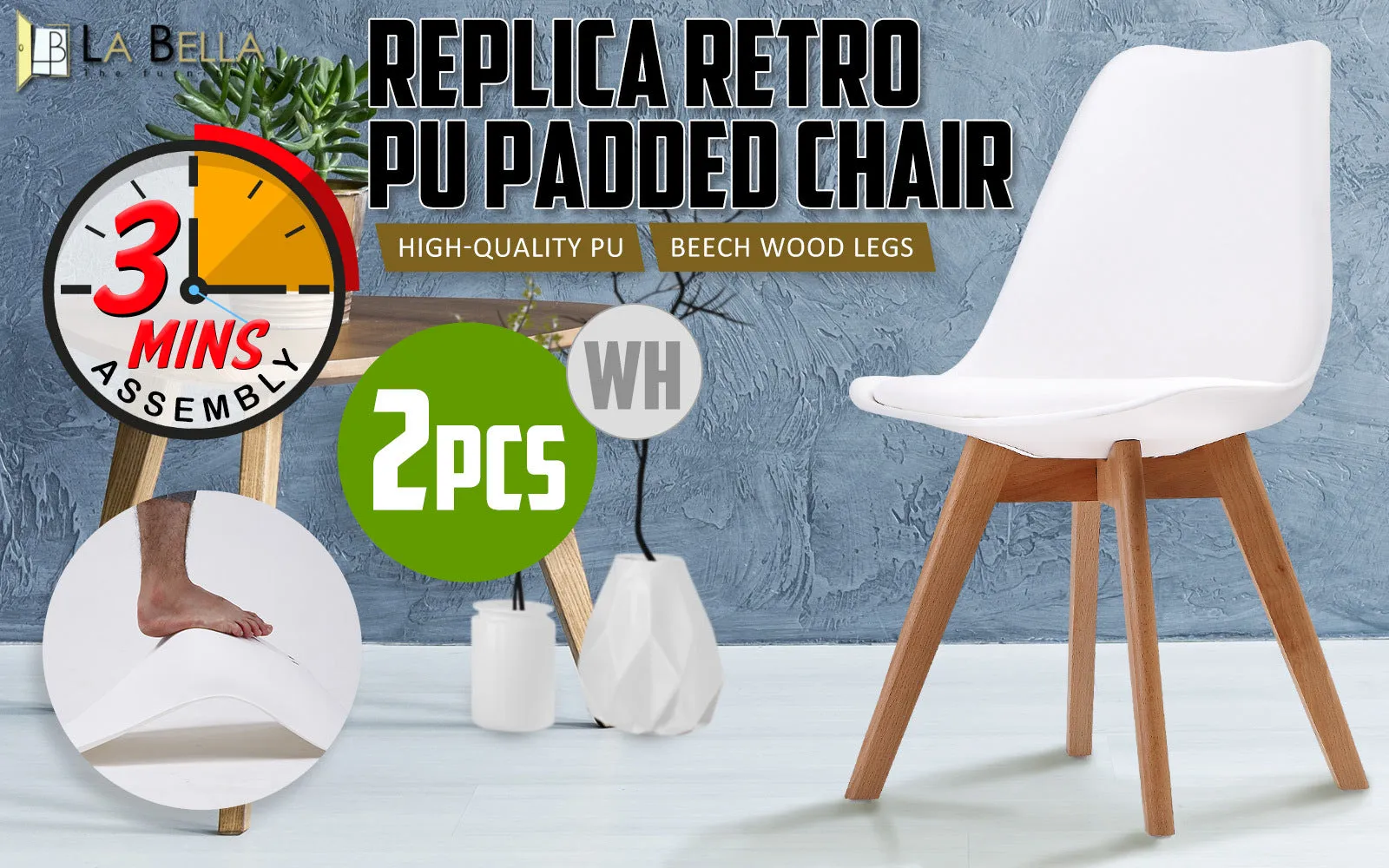 La Bella 2 Set White Retro Dining Cafe Chair Padded Seat