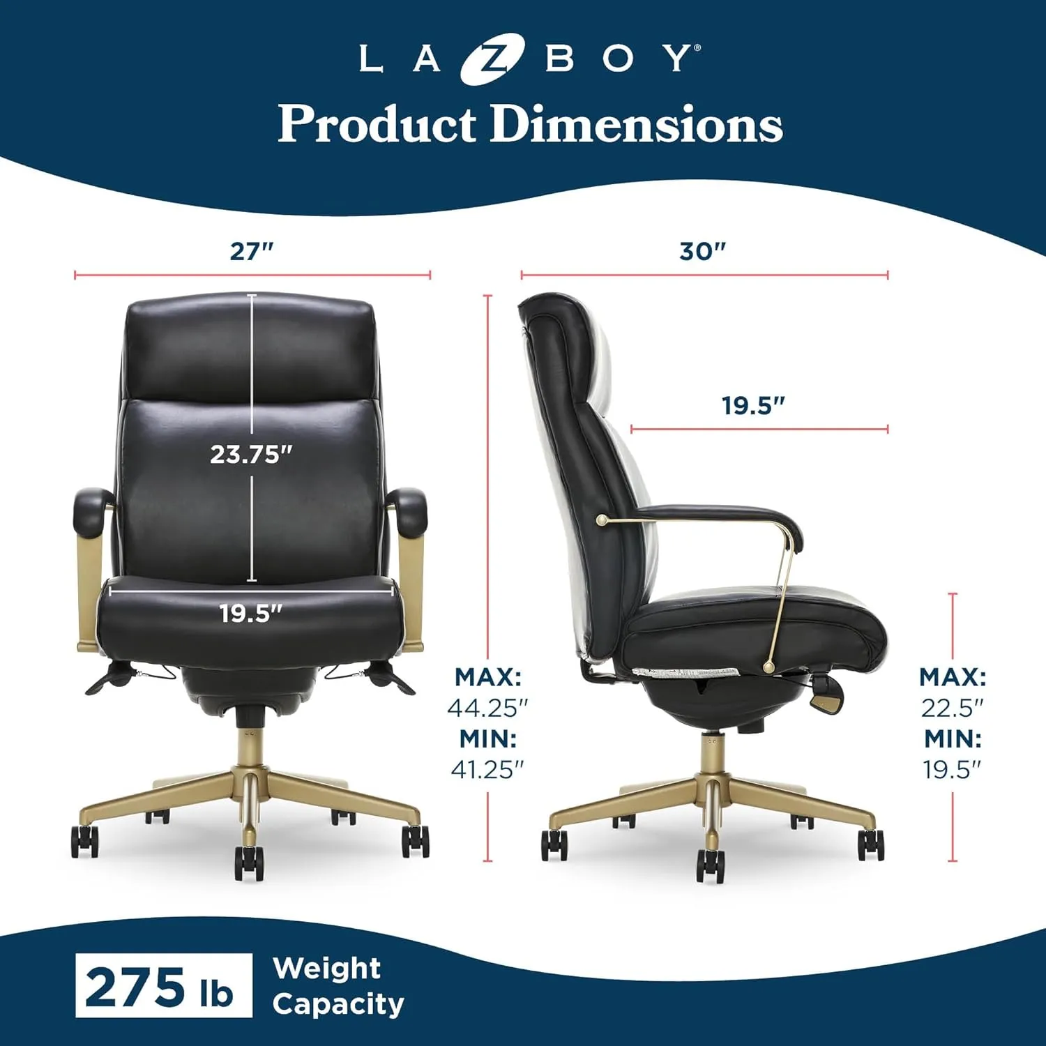 La-Z-Boy® Melrose Modern Executive Office Chair, Adjustable High-Back Ergonomic Computer Chair with Lumbar Support, Brass Finish, Black Bonded Leather