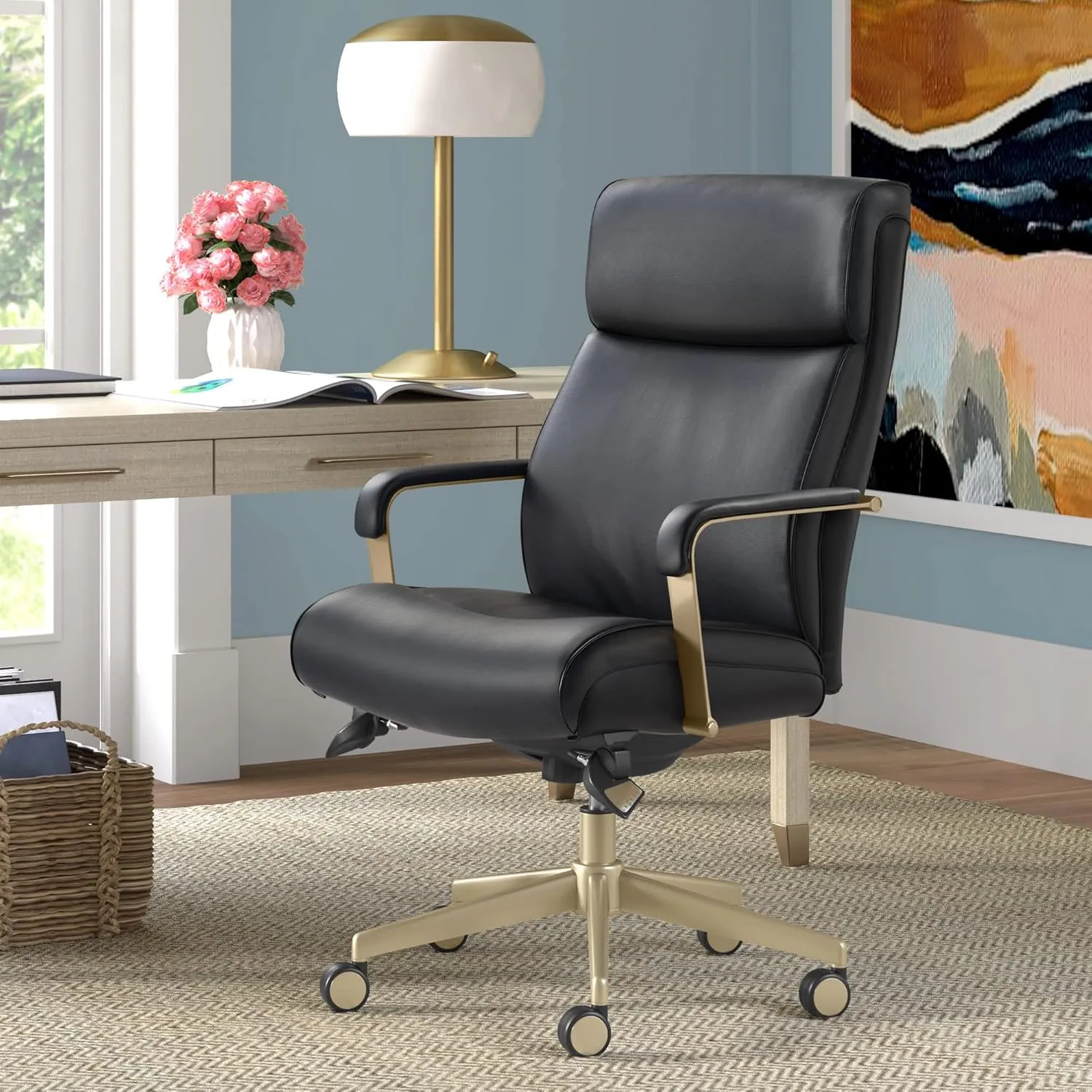 La-Z-Boy® Melrose Modern Executive Office Chair, Adjustable High-Back Ergonomic Computer Chair with Lumbar Support, Brass Finish, Black Bonded Leather