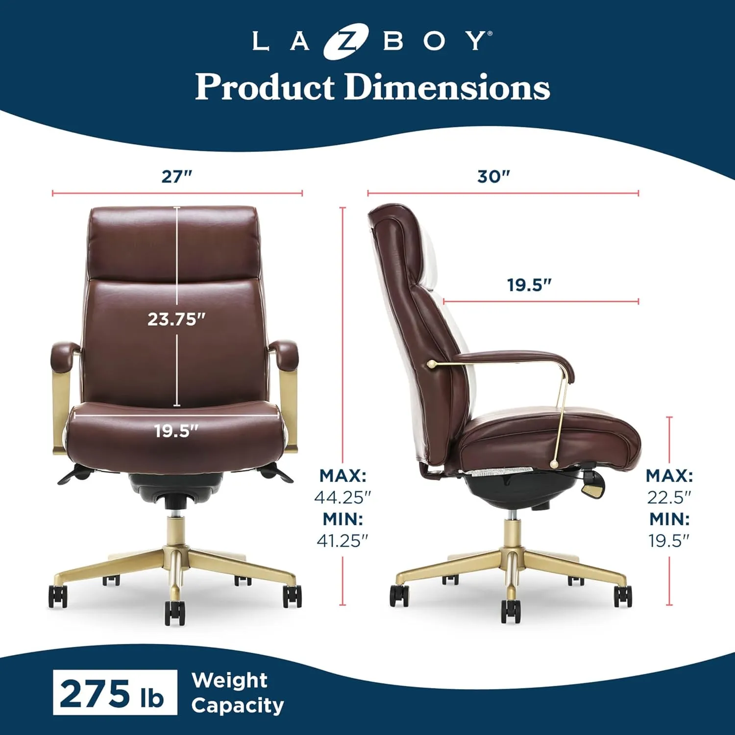 La-Z-Boy Melrose Modern Executive Office Chair, Adjustable High-Back Ergonomic Computer Chair with Lumbar Support, Brass Finish, Brown Bonded Leather