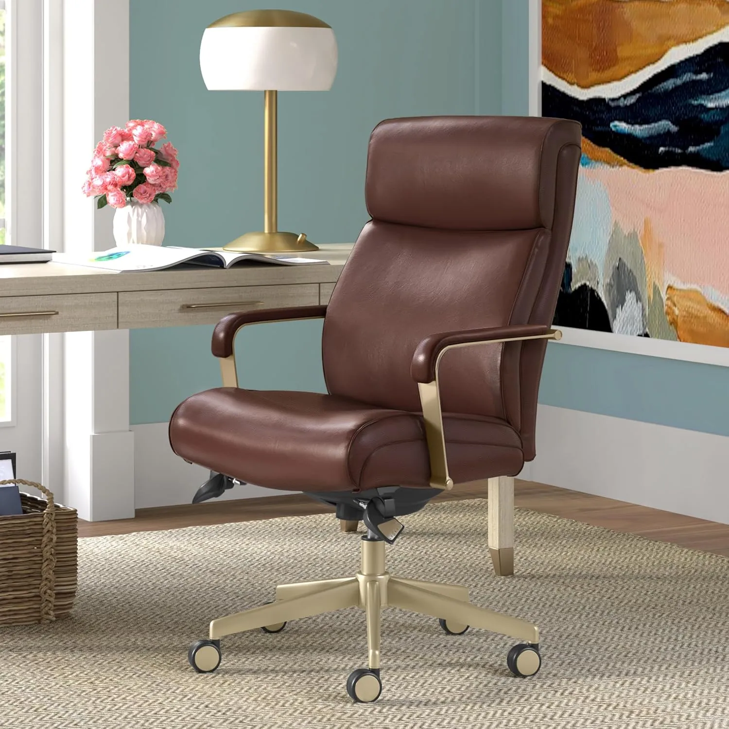 La-Z-Boy Melrose Modern Executive Office Chair, Adjustable High-Back Ergonomic Computer Chair with Lumbar Support, Brass Finish, Brown Bonded Leather