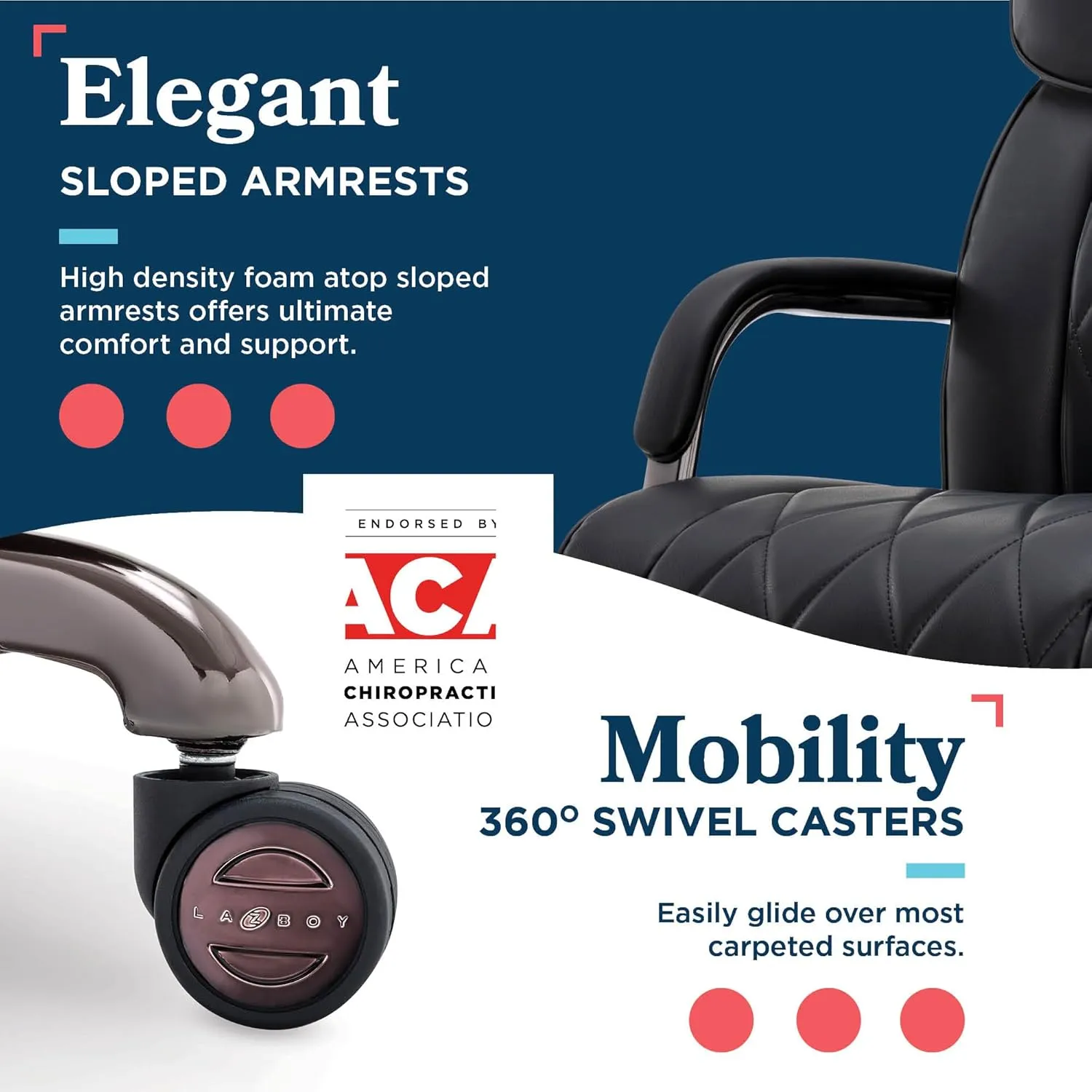 La-Z-Boy® Symphony Executive Mid-Back Office Chair, Diamond Quilt Design, Pocket Coil Cushion, Padded Armrests, Ergonomic Computer DeskChair, Swivel Metal Base, Bonded Leather, Black and Graphite