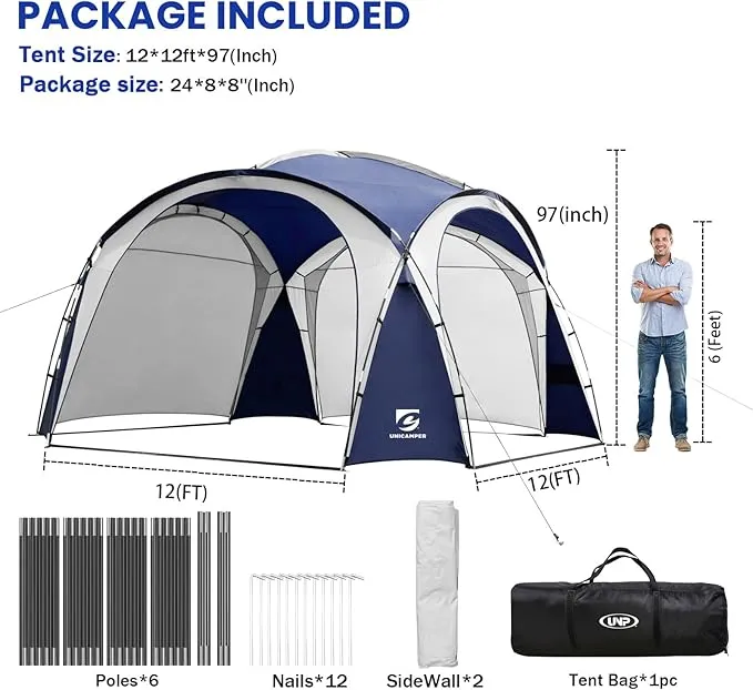 Large Beach Canopy Tent UPF 50  12x12 ft Waterproof & Rainproof Dome Sun Shelter for 8-10 Person with 2 Side Walls, Perfect for Camping, Backyard, Fishing, Parties, Picnics