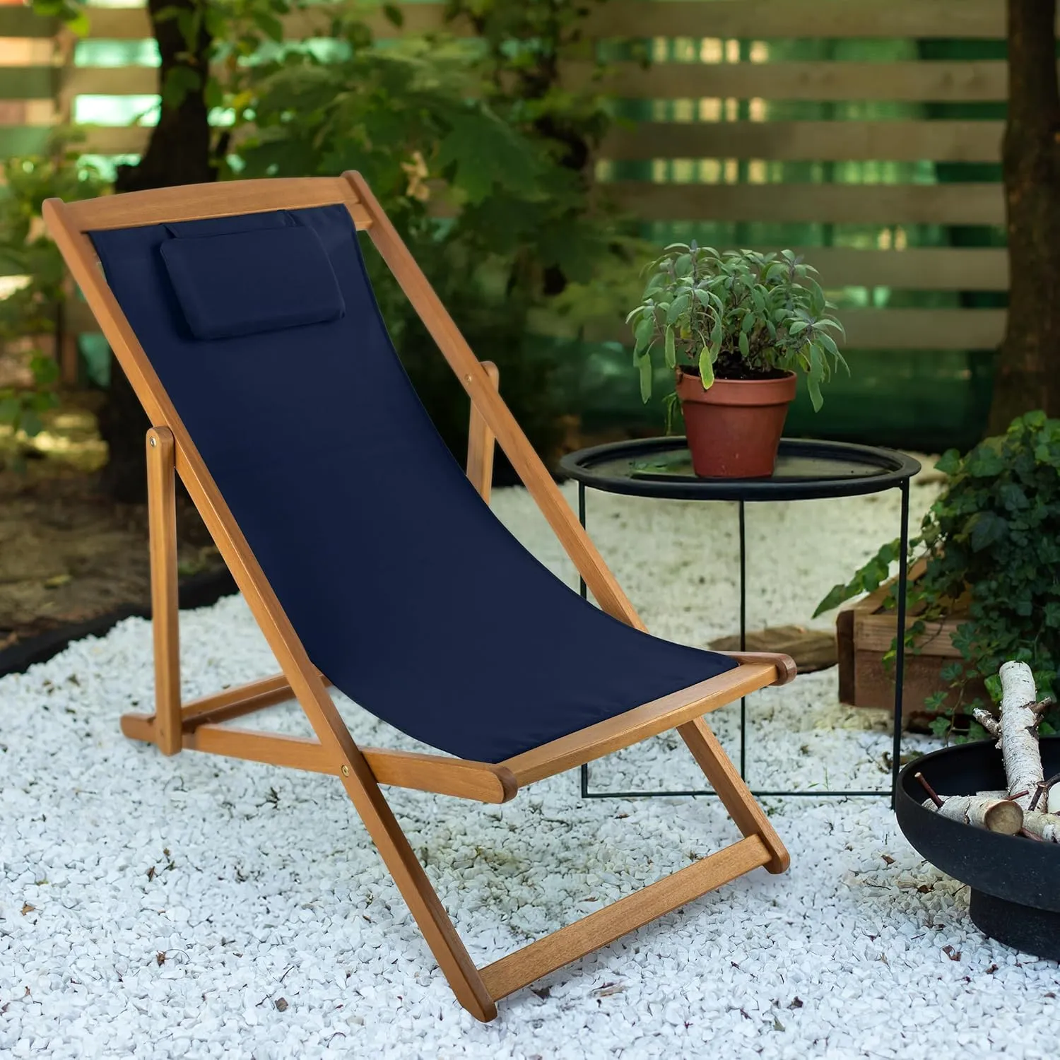Lavish Home Beach Lounge Chair - Adjustable Height Reclining Sling Chair - Portable Wood Folding Chairs - Folding Lounge Chairs for Outside, Patio, Balcony, or Camping - Outdoor Furniture (Blue)