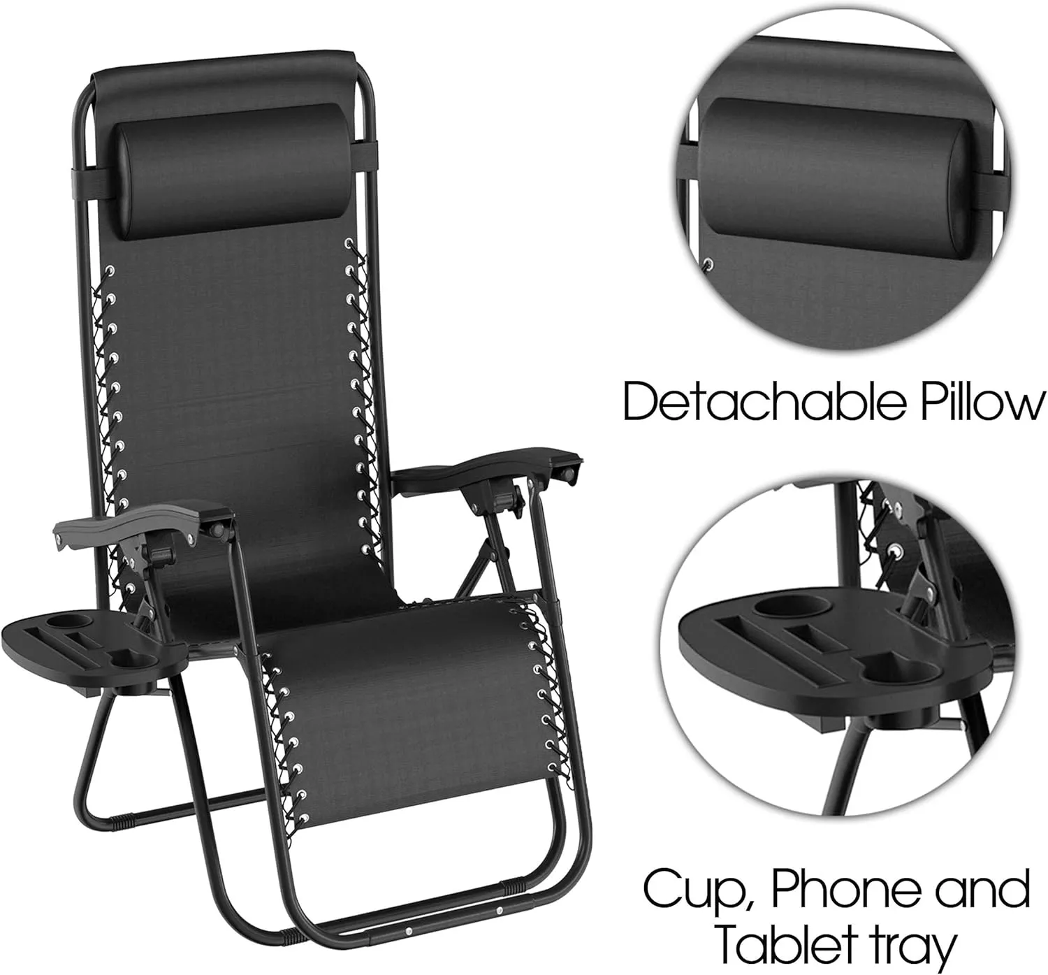 Lavish Home Set of 2 Zero-Gravity Chairs - Folding Patio Furniture - Outdoor Recliners with Side Table, Cup/Phone Holder, and Chair Pillow (Black)