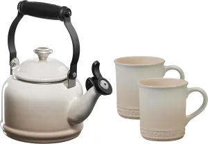 Le Creuset Enamel On Steel Demi Kettle with Metal Finishes & Stoneware Set of 2 Mugs, 1.25 qt. Kettle & (2) 14 oz. Mugs, Meringue