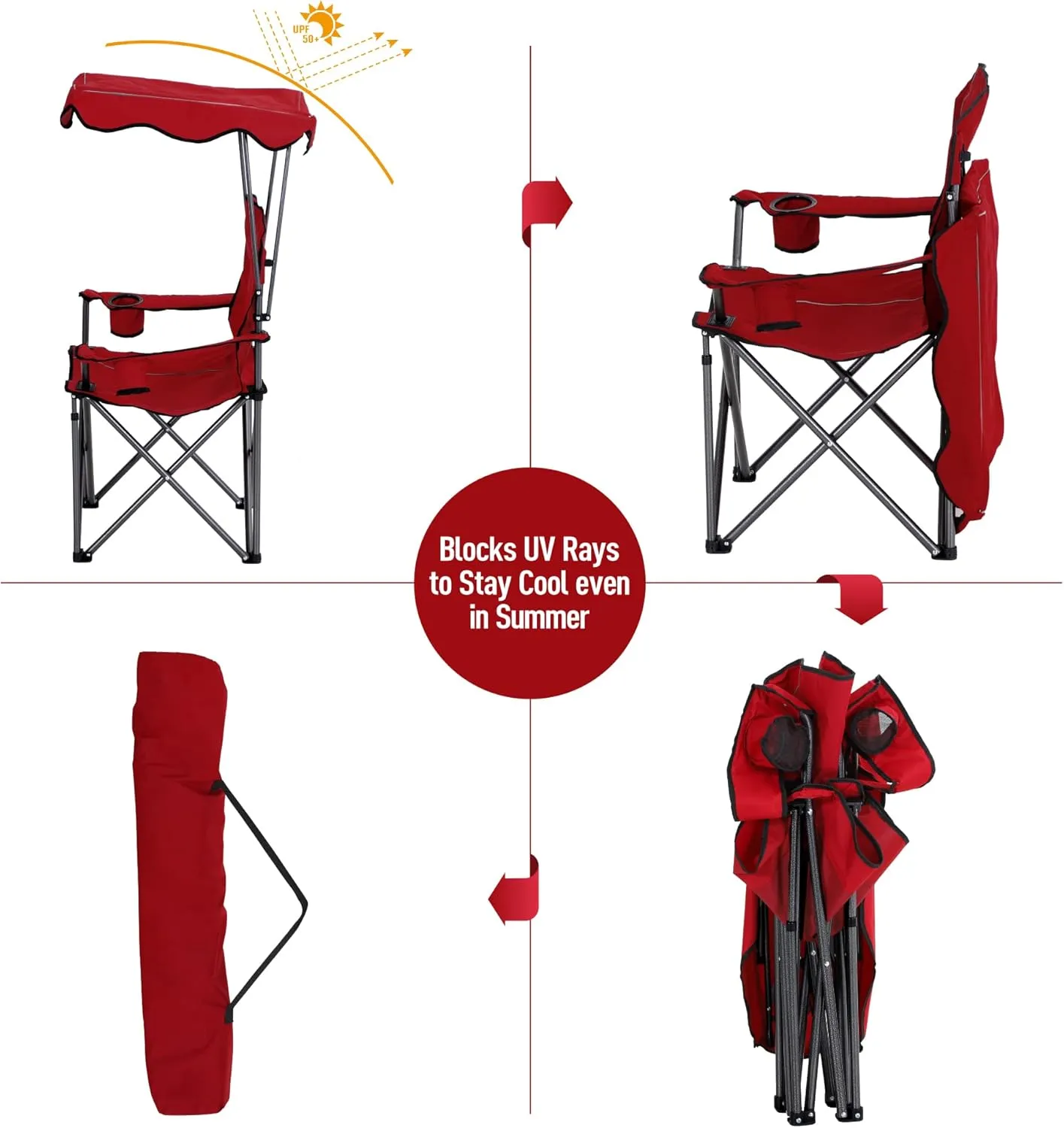 LET'S CAMP Camp Chair with Shade Canopy Folding Camping Recliner Chair with Carry Bag for Outdoor Camping Hiking Beach, Heavy Duty 350 LBS