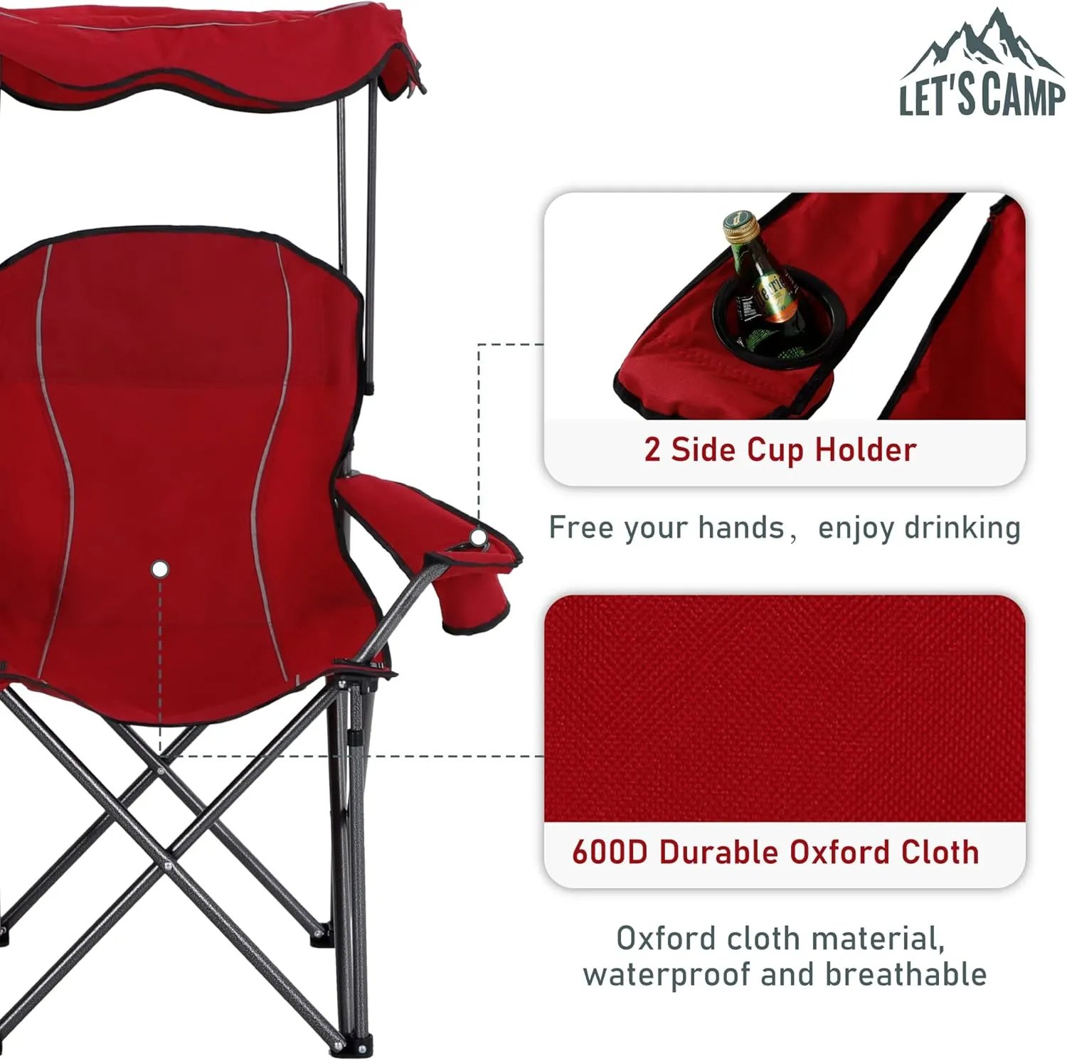 LET'S CAMP Camp Chair with Shade Canopy Folding Camping Recliner Chair with Carry Bag for Outdoor Camping Hiking Beach, Heavy Duty 350 LBS