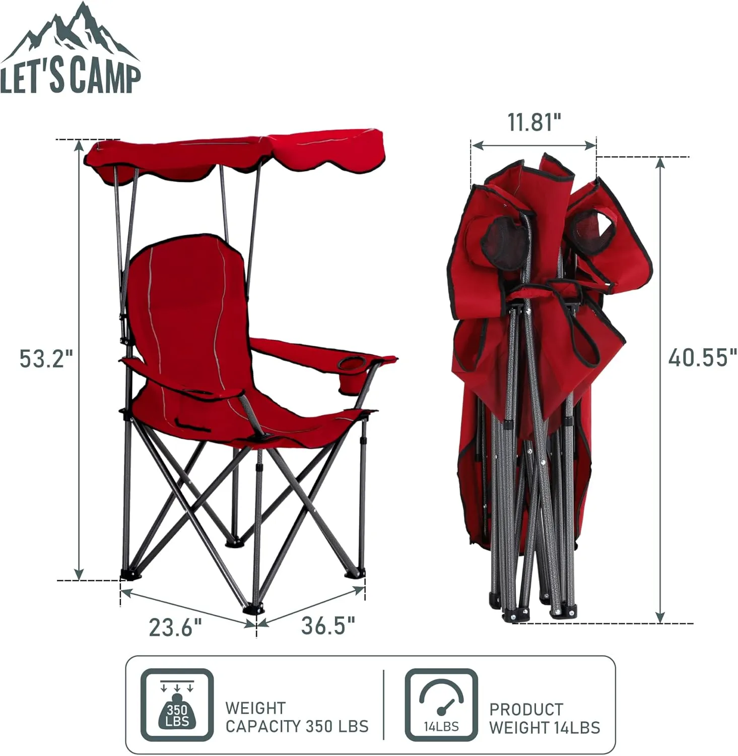LET'S CAMP Camp Chair with Shade Canopy Folding Camping Recliner Chair with Carry Bag for Outdoor Camping Hiking Beach, Heavy Duty 350 LBS