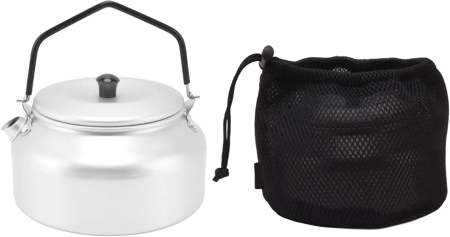 Lightweight Aluminum Alloy Camping Kettle, Portable Camp Tea Pot Coffee Pot, Anti Bump Storage Bag, Food Grade Material, Silicone Cover Handle, for Hiking Backpacking Travel Fish