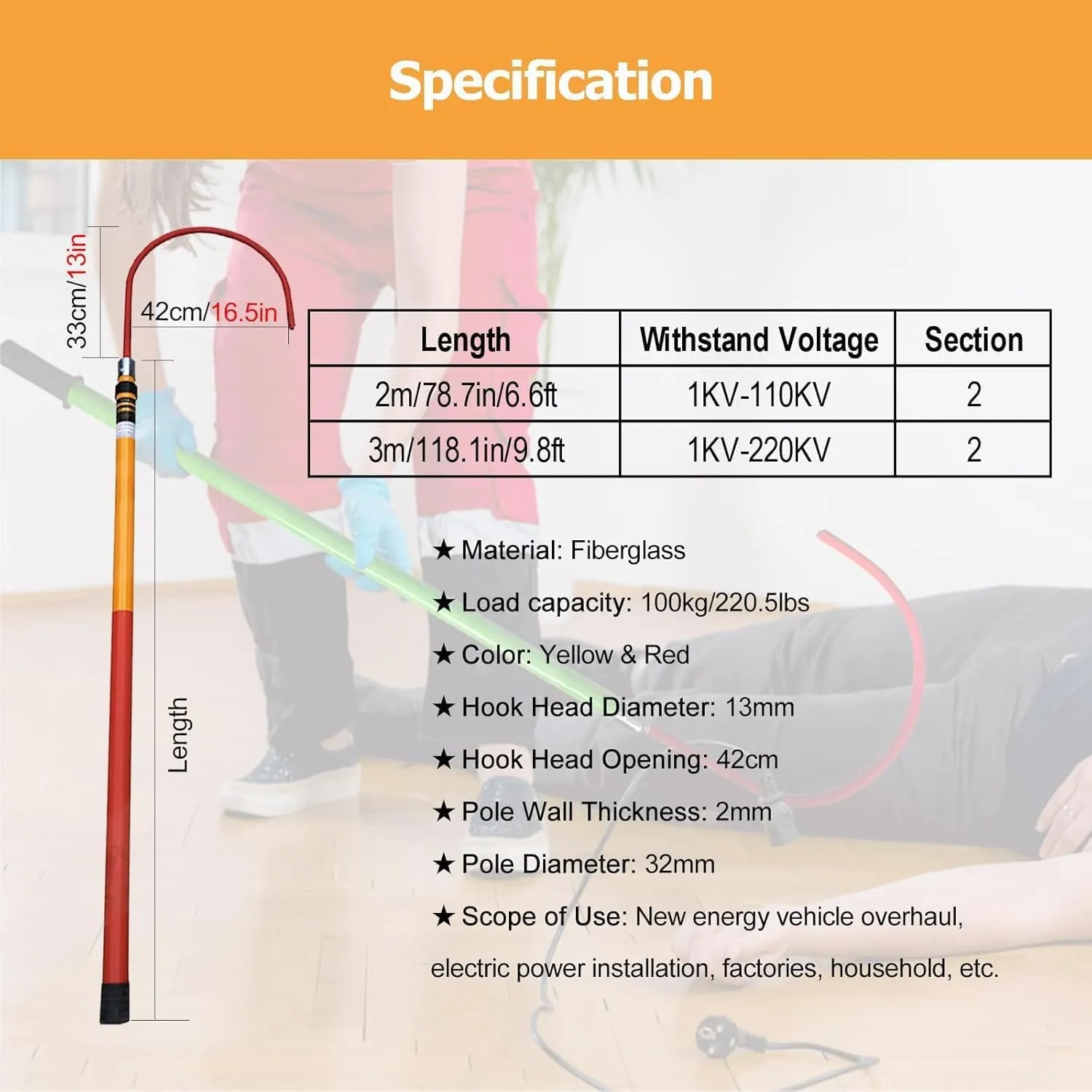 Lightweight Anti-Electrocution Rescue Hook with Telescopic Pole, Fiberglass High Voltage Insulated Rescue Hook (Size:2m/6.6ft)