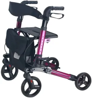 Lightweight Travel Walker Folding Rollator with Seat, Transport Chair, Dual Brake, Adjustable Height, 4 Wheels Mobility Aid(Purple)
