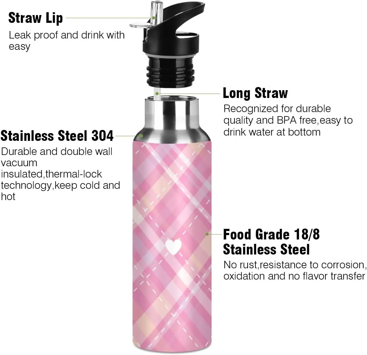 linqin Bright Pink Diagonal Stripes Hearts Stainless Steel Insulated Water Bottle with Straw, BPA Free Leakproof Reusable Drink Jug for Fitness Sports Hiking Outdoors