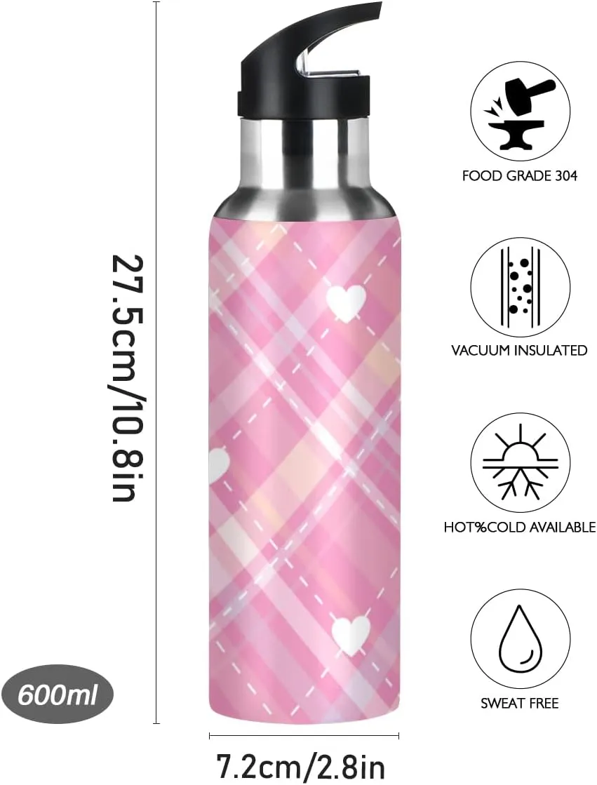 linqin Bright Pink Diagonal Stripes Hearts Stainless Steel Insulated Water Bottle with Straw, BPA Free Leakproof Reusable Drink Jug for Fitness Sports Hiking Outdoors