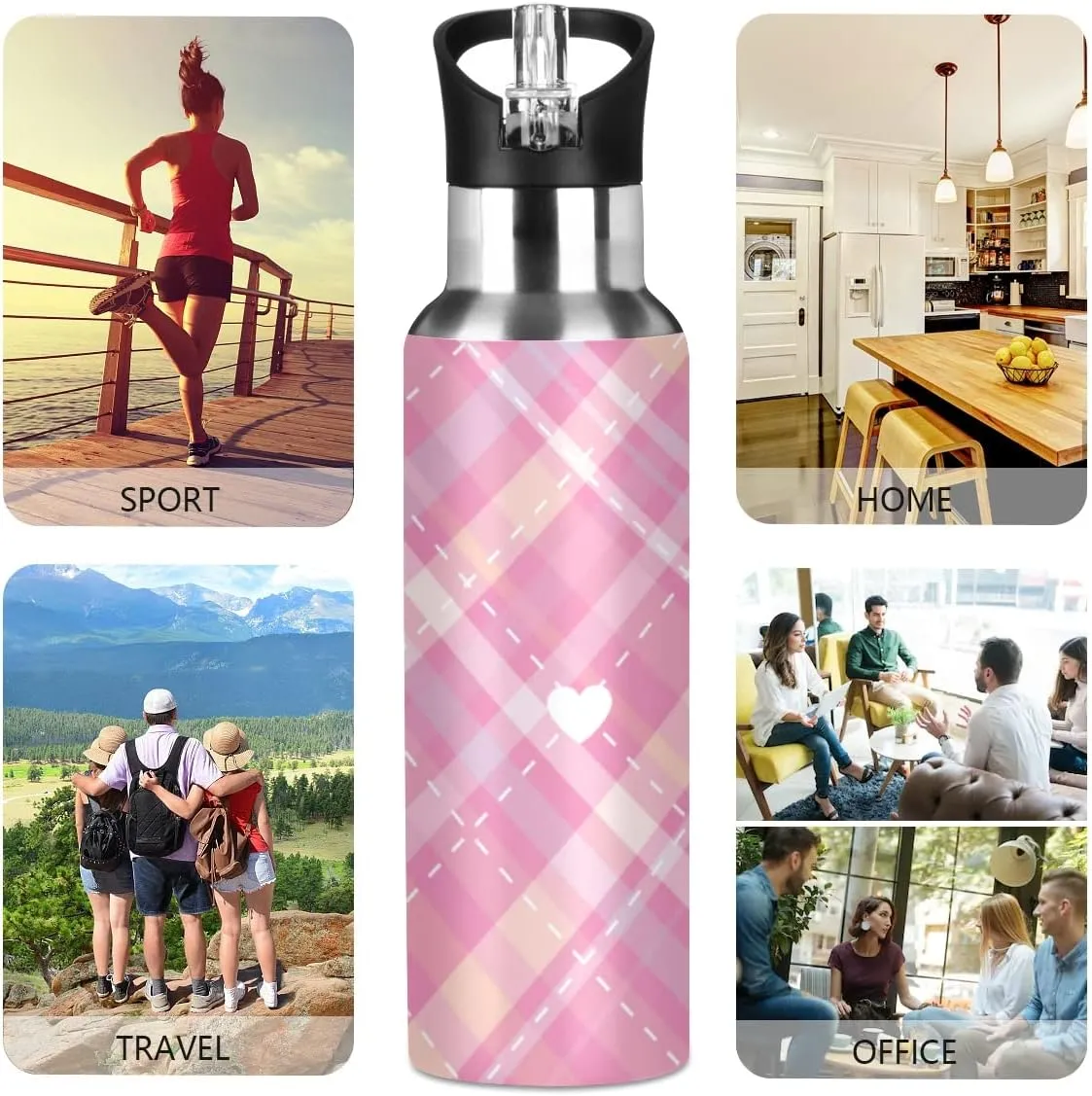 linqin Bright Pink Diagonal Stripes Hearts Stainless Steel Insulated Water Bottle with Straw, BPA Free Leakproof Reusable Drink Jug for Fitness Sports Hiking Outdoors