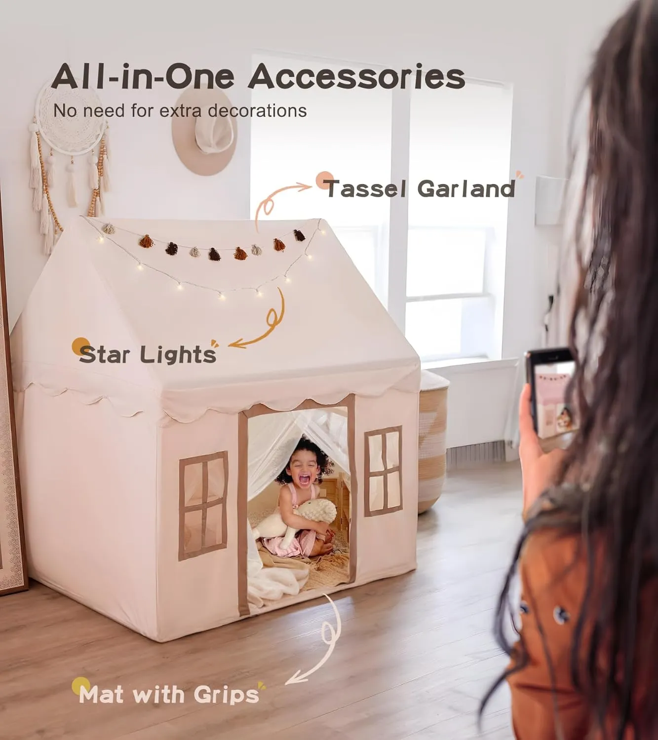 Little Dove Play Tent with Mat, Star Lights, Kids Playtent Indoor, Toddler Play Tent Large Outdoors for Kids Aged 3 , 52" x35" x 52", Toddler Teepee Play House with Windows