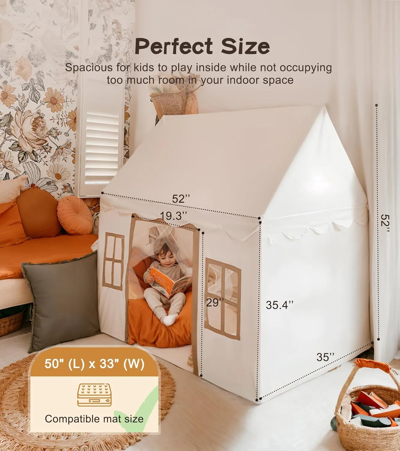 Little Dove Play Tent with Mat, Star Lights, Kids Playtent Indoor, Toddler Play Tent Large Outdoors for Kids Aged 3 , 52" x35" x 52", Toddler Teepee Play House with Windows
