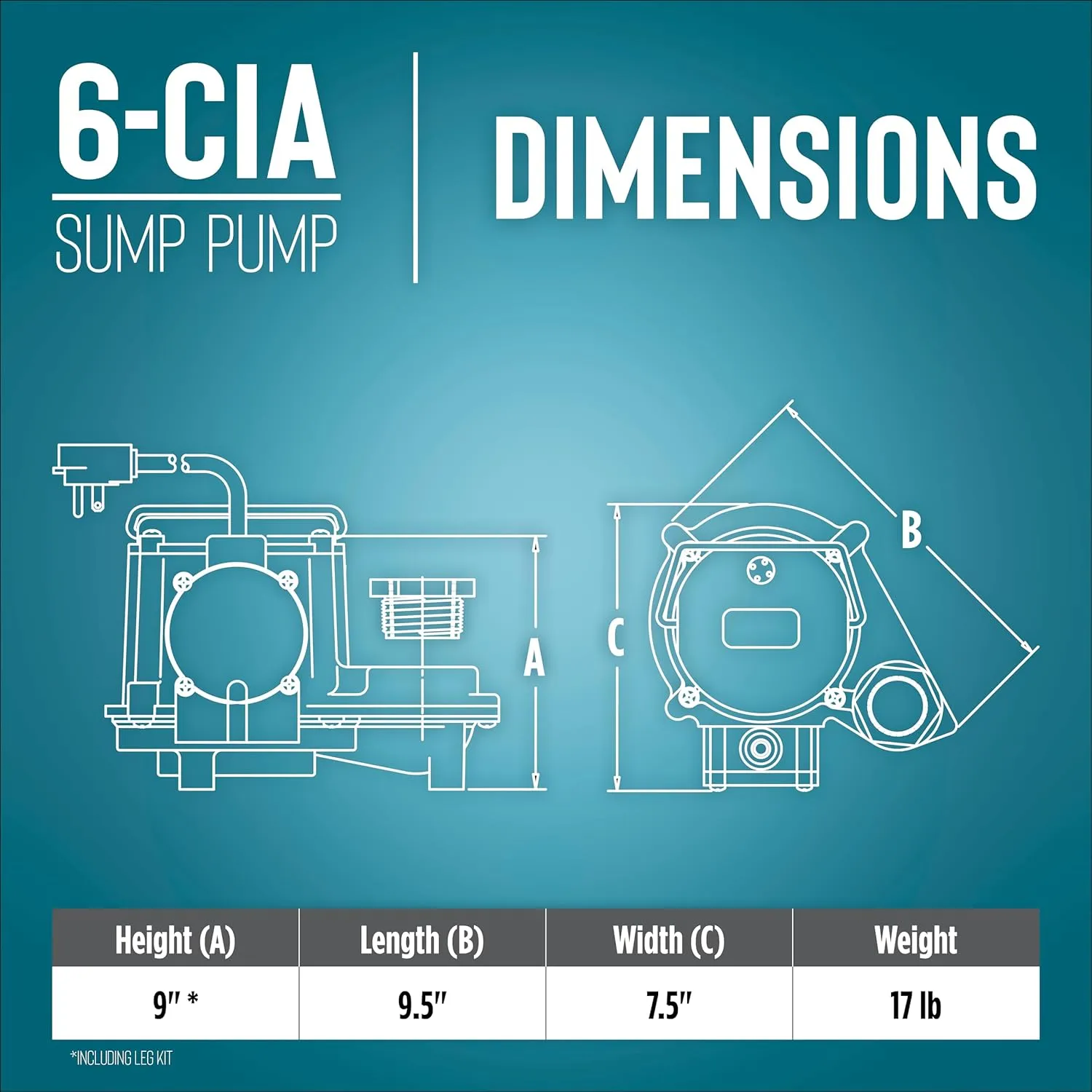 Little Giant 6-CIA 115 Volt, 1/3 HP 2760 GPH Cast Iron Submersible Sump Pump with Extended Leg Kit and Integral Diaphragm Switch, 25-Ft. Cord, Blue, 506164