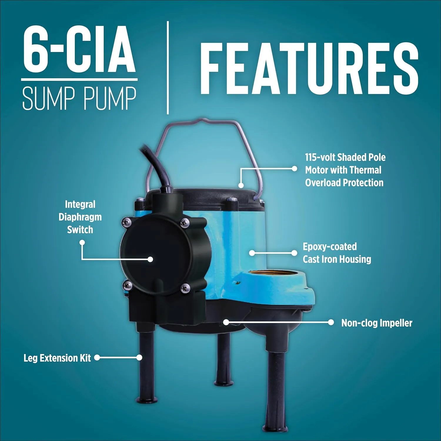 Little Giant 6-CIA 115 Volt, 1/3 HP 2760 GPH Cast Iron Submersible Sump Pump with Extended Leg Kit and Integral Diaphragm Switch, 25-Ft. Cord, Blue, 506164