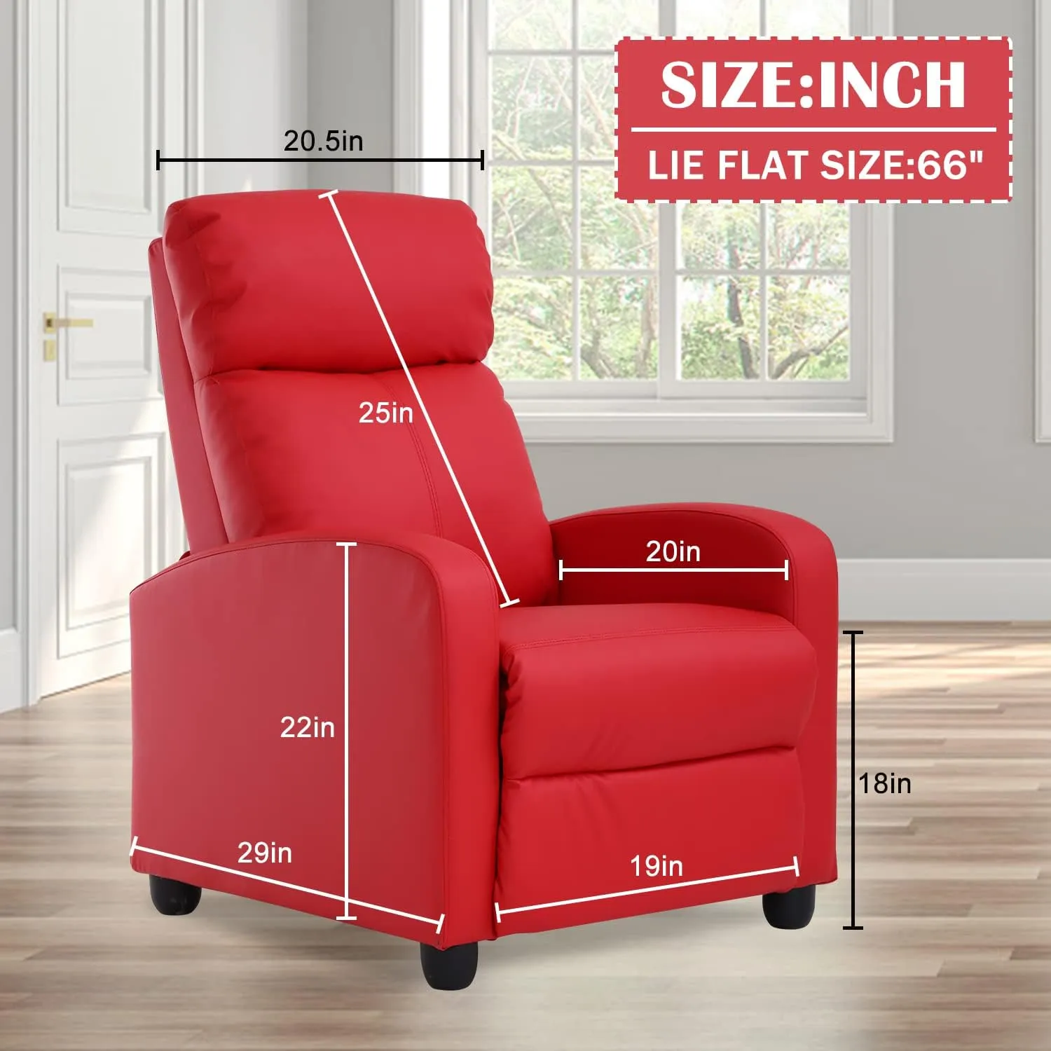 Living Room Recliner Chair Modern Reclining Easy Lounge Winback Single Sofa Reading Chair PU Leather Home Theater Seating Massage Adjustable Accent Armchair w/ Thick Seat Cushion & Backrest, Red