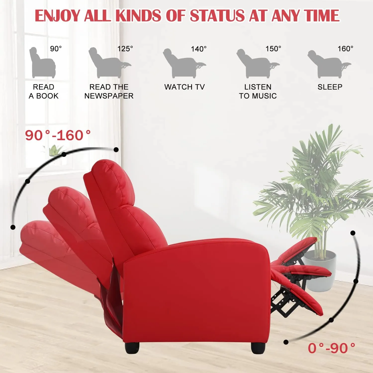 Living Room Recliner Chair Modern Reclining Easy Lounge Winback Single Sofa Reading Chair PU Leather Home Theater Seating Massage Adjustable Accent Armchair w/ Thick Seat Cushion & Backrest, Red