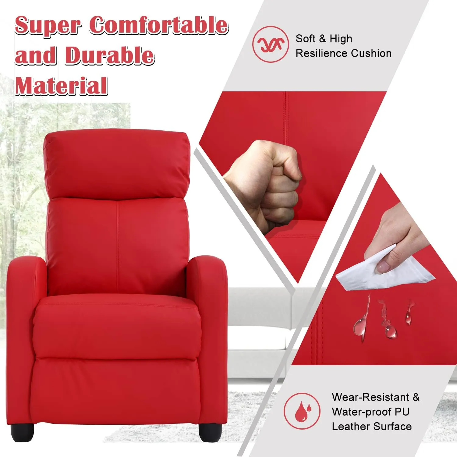Living Room Recliner Chair Modern Reclining Easy Lounge Winback Single Sofa Reading Chair PU Leather Home Theater Seating Massage Adjustable Accent Armchair w/ Thick Seat Cushion & Backrest, Red